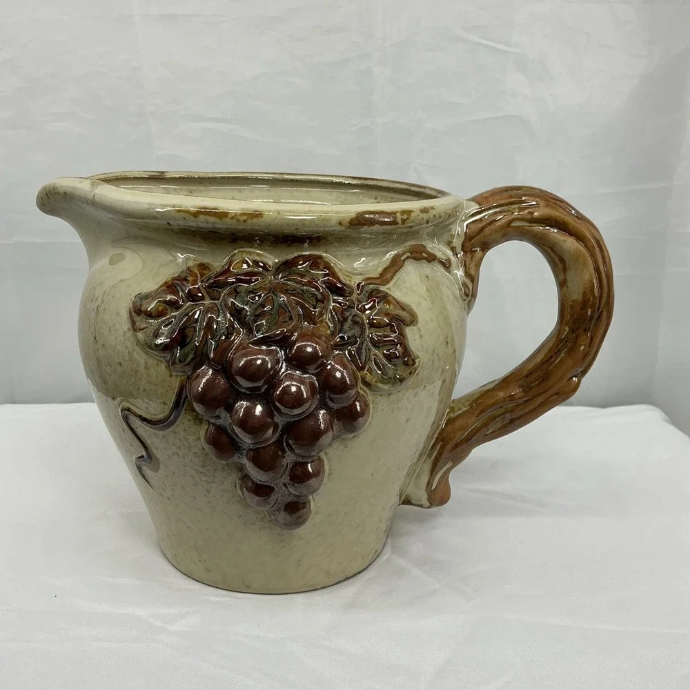 Vintage Pottery Pitcher With Raised Grapevine Design – Rustic Pottery Pitcher‎